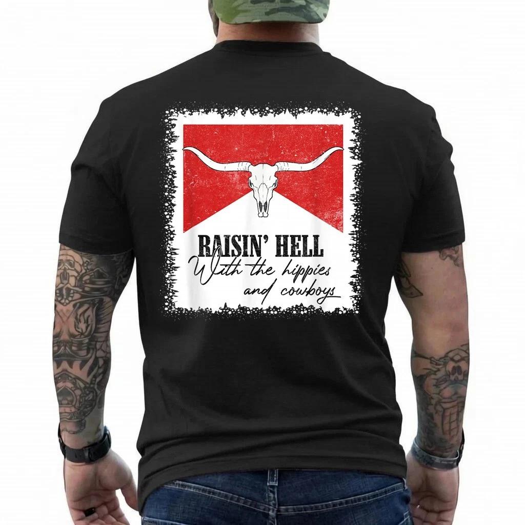 Bull Skull Bleached Raising Hell With The Hippies And Cowboy T-Shirt XL