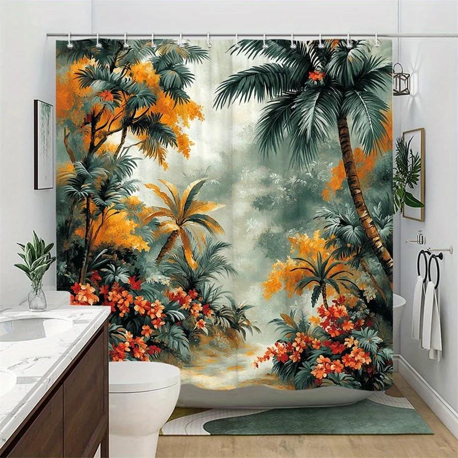 1pc Tropical Jungle Shower Curtain - Vibrant Palm Trees, Hibiscus Flowers & Colorful Blossoms Design, Durable Polyester Fabric,