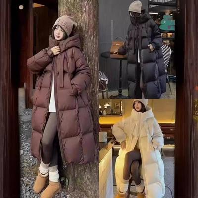 Winter Warm Women White Duck Down Jacket Long Hooded Coat Stand Collar Loose Solid Color Down Coat