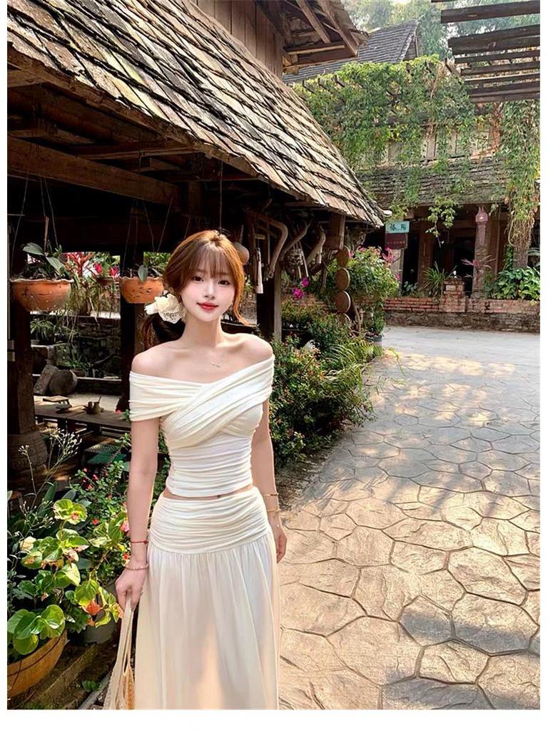 Women's French White Off-Shoulder Top & Knit Midi Skirt Set - Gentle Spring Design