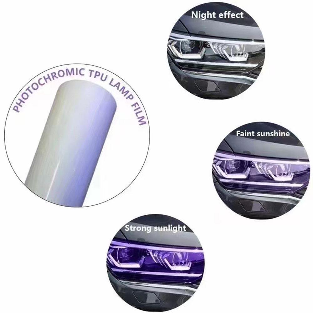 TPU PPF Smart Photochromic Headlight Protection Film Anti-scratch Self-healing White to Purple to Black Color Changing Sticker