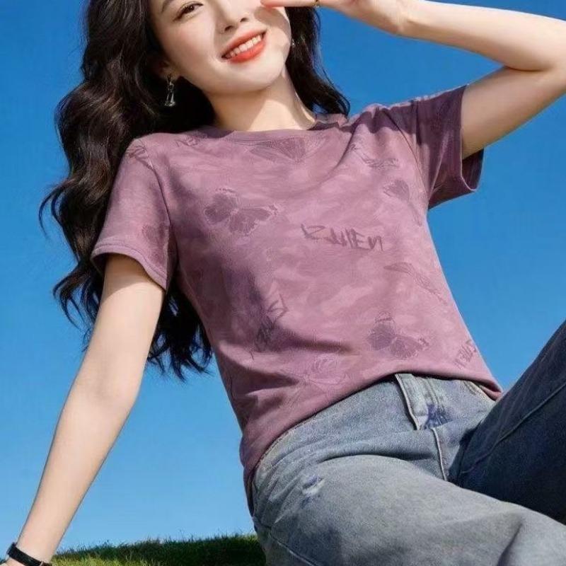 

Women s Purple Butterfly Print Short Sleeve Crew Neck T-Shirt M розовый