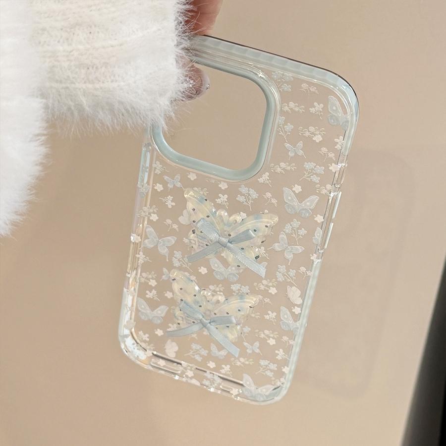 2 i 1 3D Sommerfugl med Sløyfe Gjennomsiktig Deksel til iPhone 17 16 15 14 13 12 Støtsikkert Anti-Gulnende TPU-deksel, Søtt Estetisk Beskyttende Telefondeksel