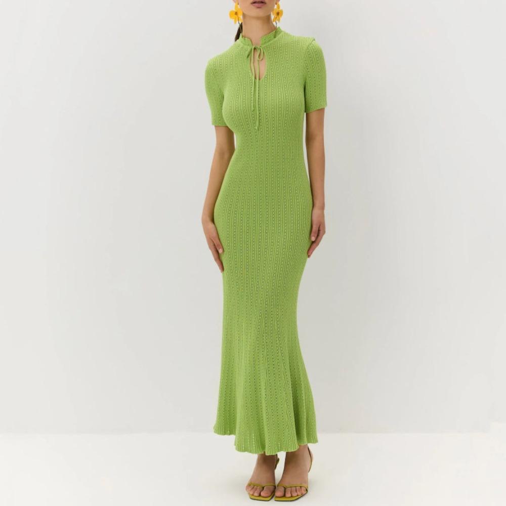 Hollow Out Lace-Up Dress Knit Knitwear Dress Elegant Knit Hollow Out Dress  Retro Style S