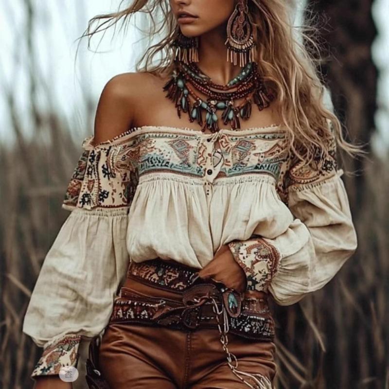 Women Bohemian Off Shoulder Printed Puff Long Sleeve Blouse Elastic Smocked Ruched Front Button Casual Vintage Top S абрикосовый