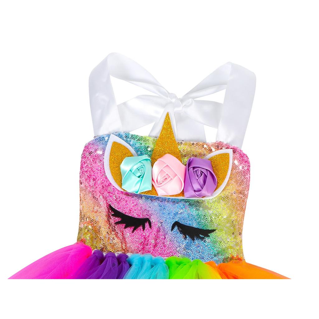 Rainbow Unicorn Tutu Dress,Glowing Sparkle, Christmas Party Dance Princess, Multicolor, 6-7 Years