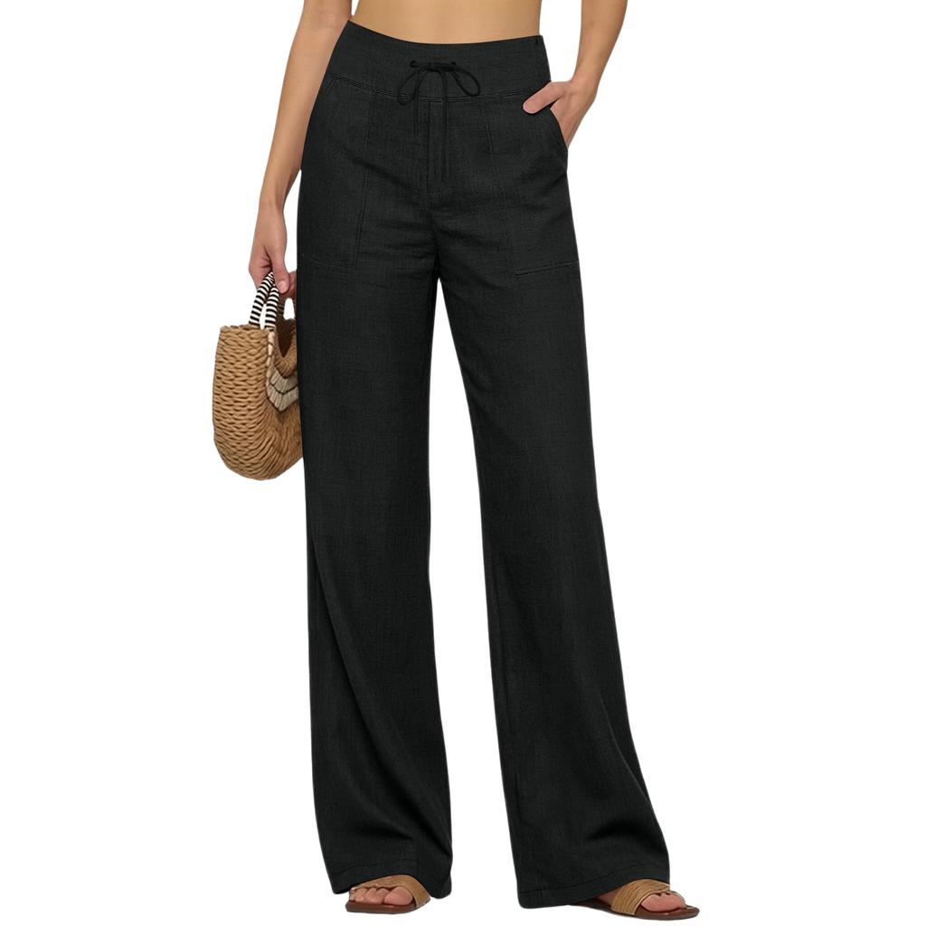 Women’s Wide Leg Linen Pants with Drawstring Waistband Loose Fit Casual Trousers with Pockets for Everyday Wear