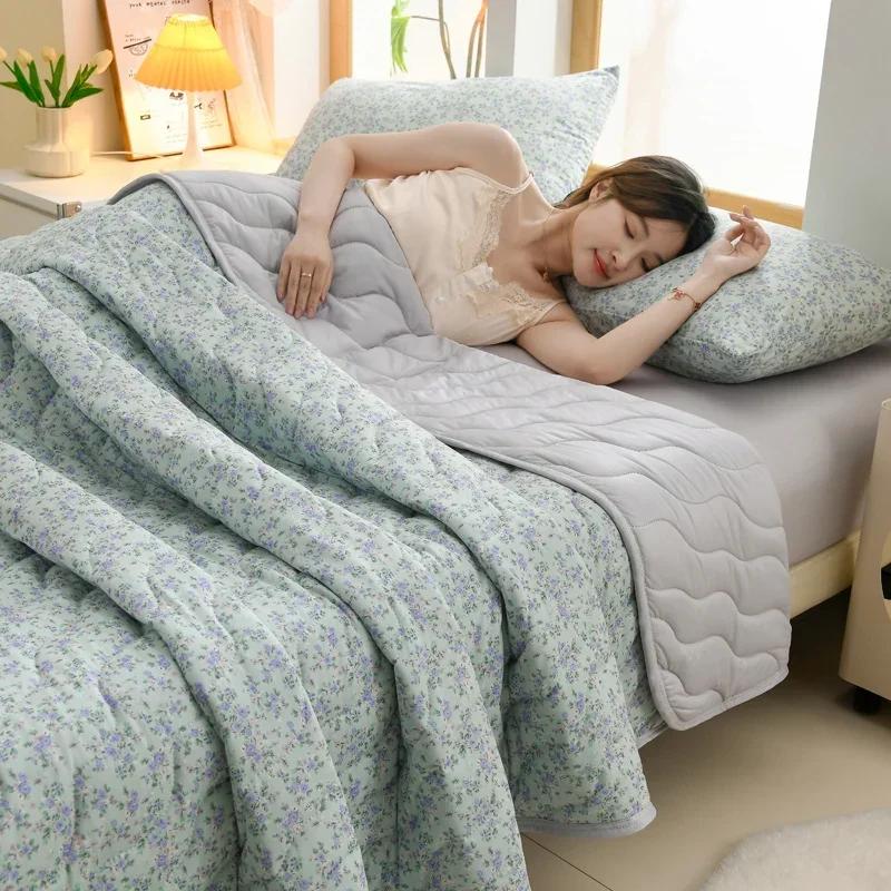 New Floral Spring Summer Quilt and Pillowcase Soft Skin-friendly Single Double Blanket Knitted Breathable Thin Comforter Duvet