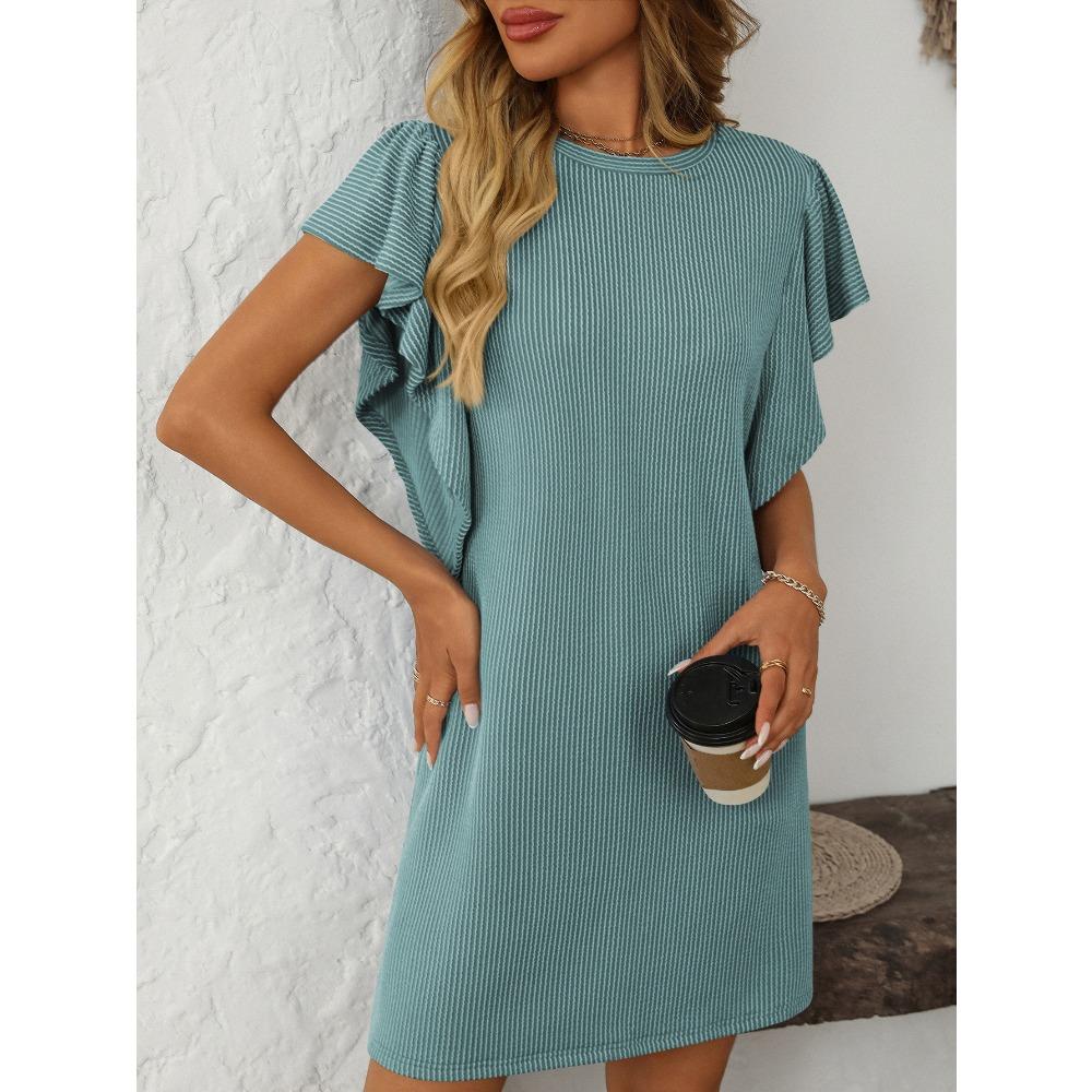 Summer New Women's Clothing Contrasting Color Twisted Strip Lotus Leaf Sleeve Mid Length Dress