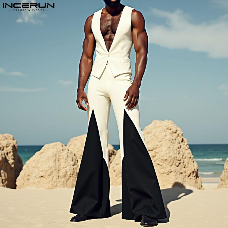 INCERUN Two Pieces Men Sleeveless Waistcoats Long Stitching Flare Pants Sets