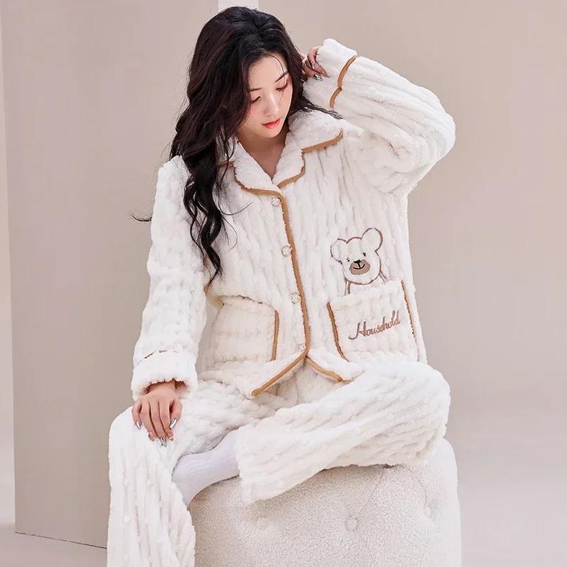 Winter Long Sleeve Thick Warm Flannel Pajama Sets for Women Coral Velvet Cardigan Sleepwear Suit Pyjamas Homewear Luxury Clothes