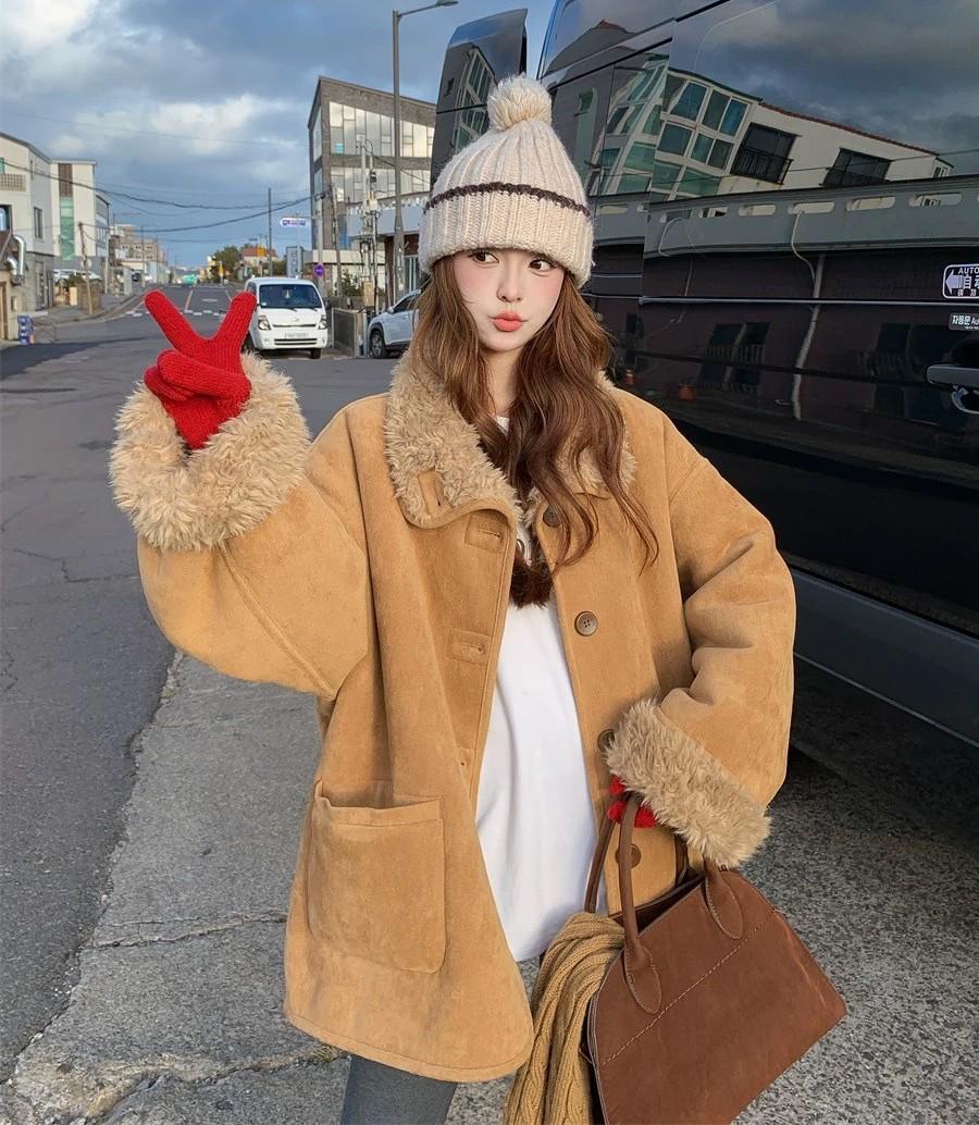 Women s Winter 2026 Double-Sided Leather & Fur Long-Sleeve Wool Coat - Casual Loose Fit Medium хаки