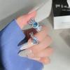 Super Flash Sweet Sea Blue Zircon Brushed Bow Open Ring Temperament Index Finger Ring Light Luxury High-End Ring