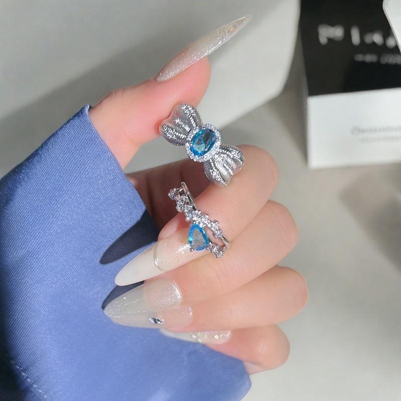 Super Flash Sweet Sea Blue Zircon Brushed Bow Open Ring Temperament Index Finger Ring Light Luxury High-End Ring