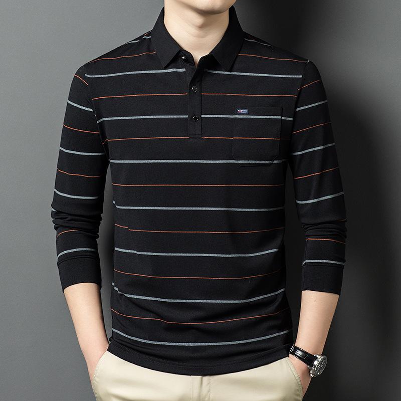 Polo pentru bărbați de afaceri cu buzunar real, cu guler, mânecă lungă, cu dungi în partea inferioară
