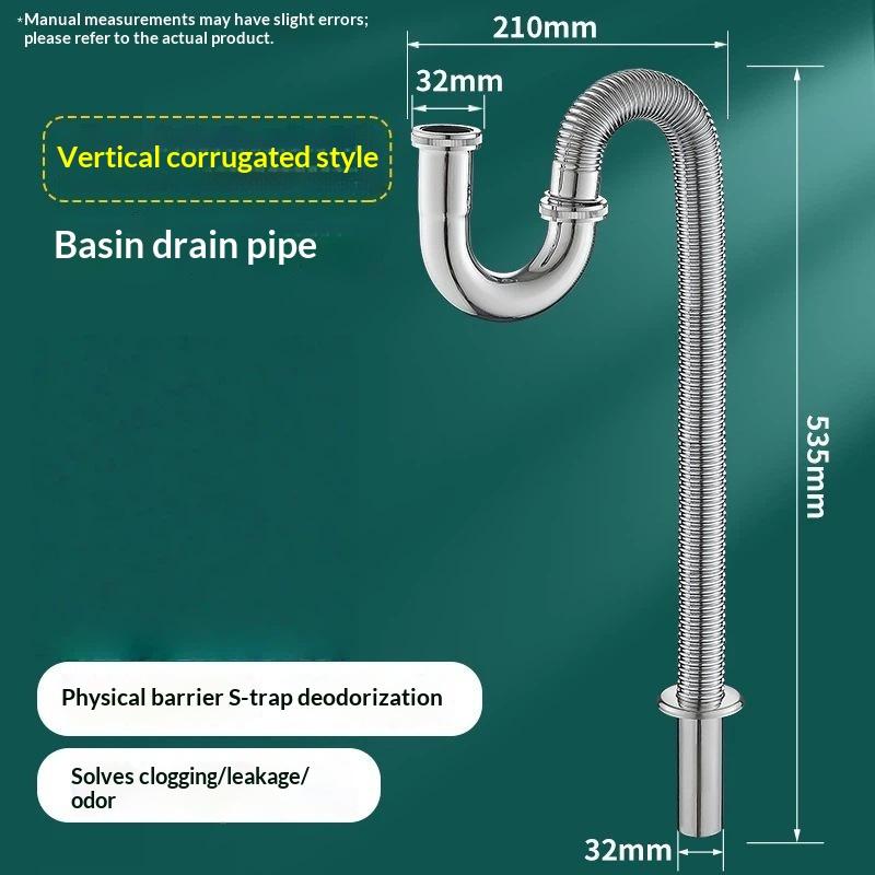 Stainless Steel Drain Pipe For Washbasins, U-Shaped Odor-Proof Basins, Wall-Mounted P-Bends, S-Bends