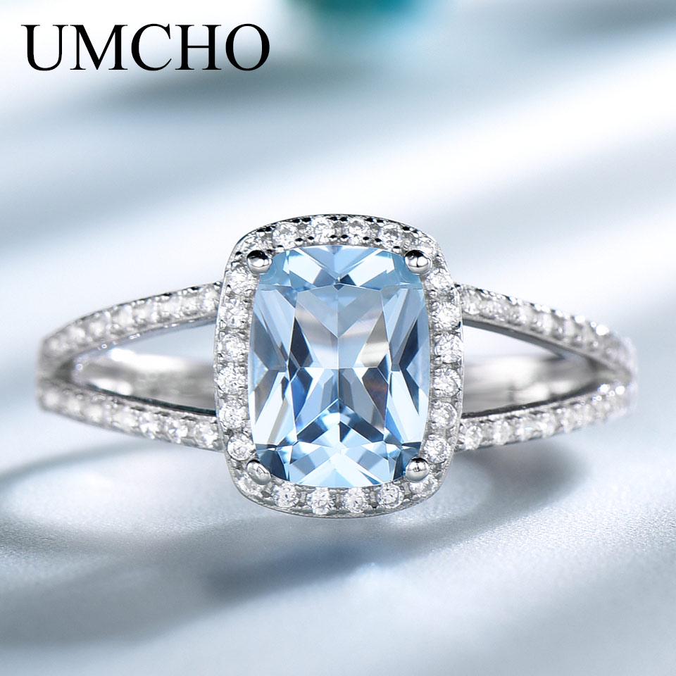Umcho 925 Real Sterling Silver Jewelry Rectangular Sky Blue Rings For Women Birthday Gift