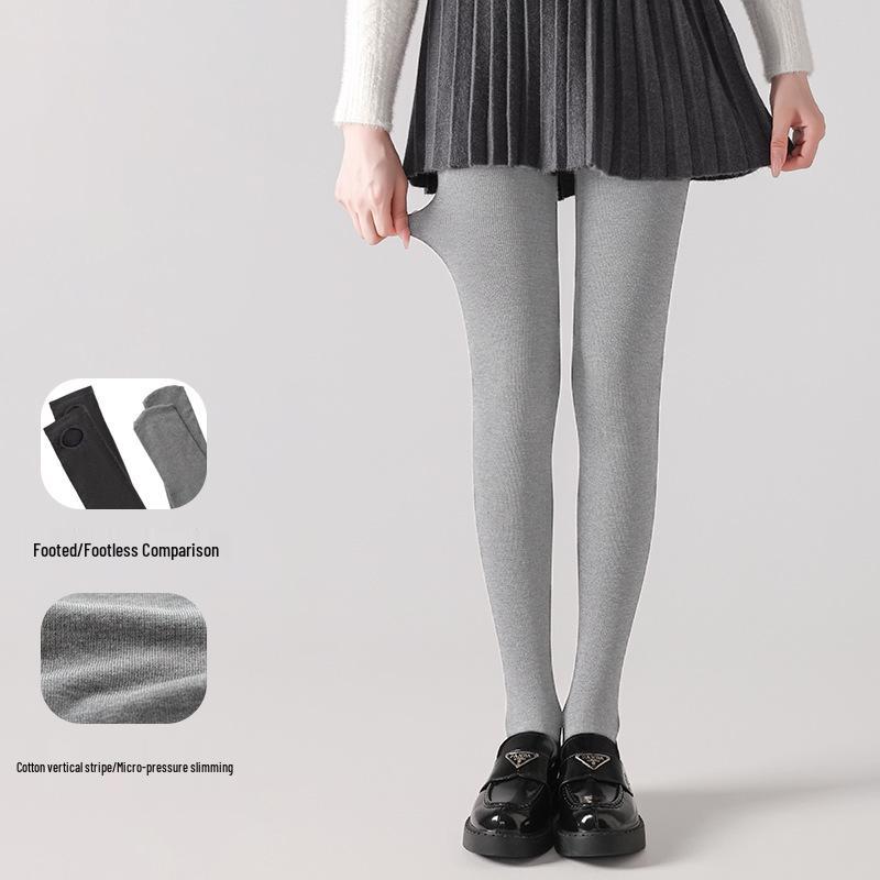 Women's Gray Velvet Leggings with Vertical Stripes – Slimming, Micro-Pressure, Stirrup Style for Autumn/Winter.