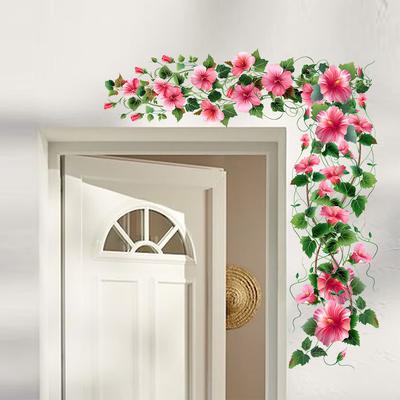Rosa Blume mit grünen Blättern Wandaufkleber Selbstklebend für Schlafzimmer Wohnzimmer Flur Haustür Dekoration
