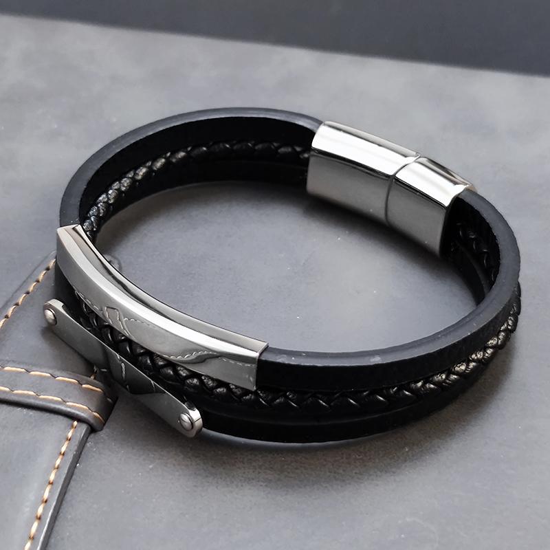 Custom Family Name Bracelet Stainless Steel Charms Bangle Braided Personalized Genuine Leather Men Bracelets Father's Day gifts