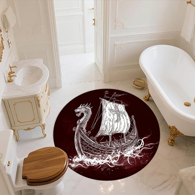 Viking Ship,Round Area Rug,Carpet Rug for Living Room Bedroom Sofa Playroom Decor,Non-slip Floor Mat