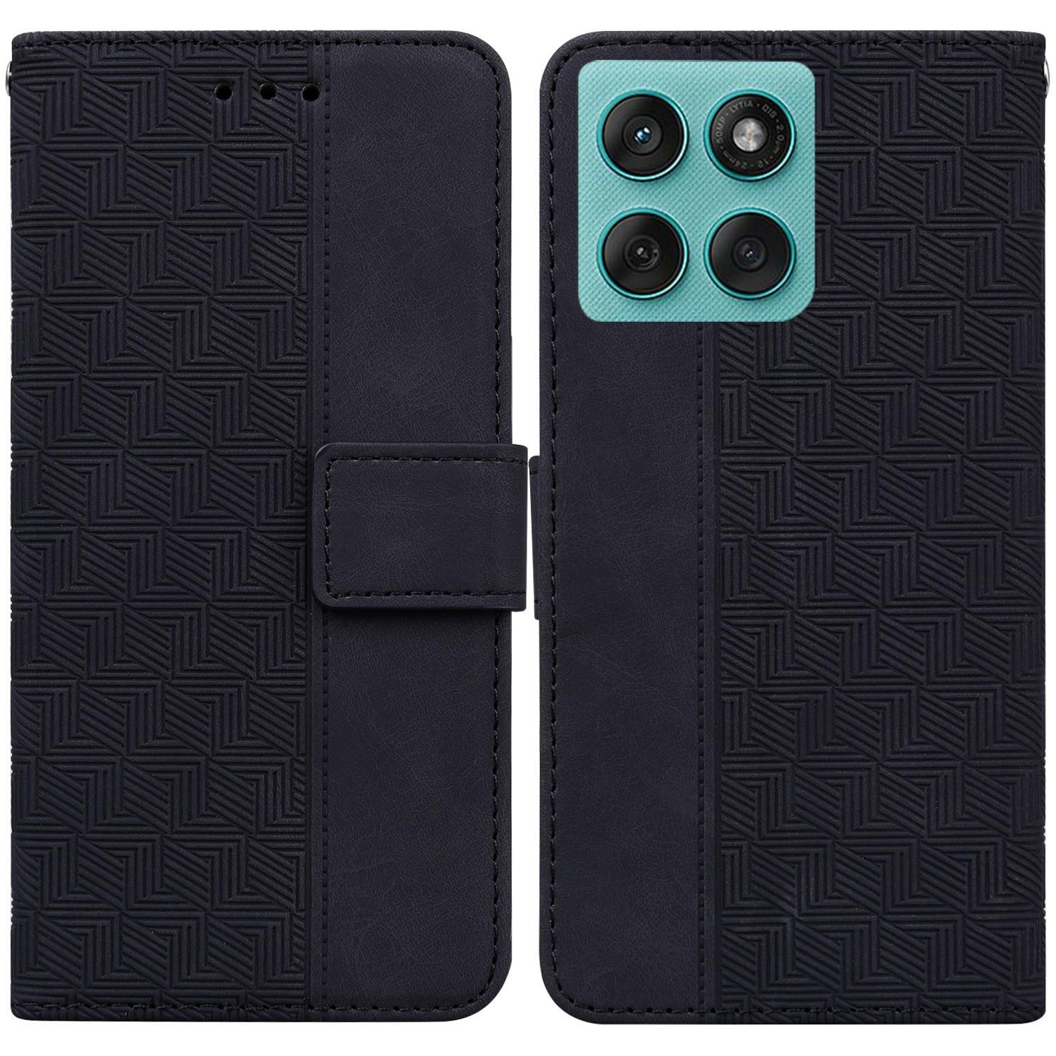 

For Motorola Edge 60 5G/60 Fusion 5G Case Geometry Pattern Leather Wallet Phone Cover with Wrist Strap Black