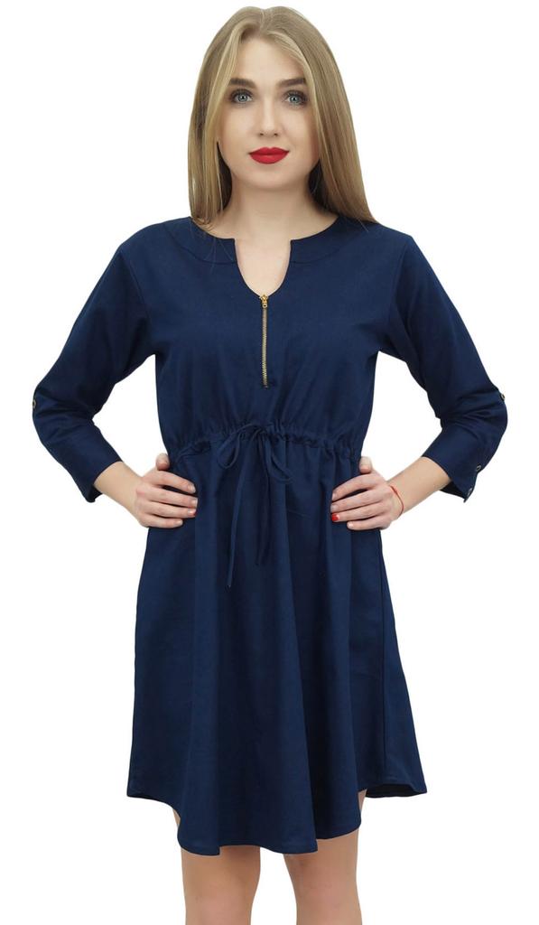 Bimba Women's Short Denim Casual Dress Dark Blue Drawstring Waist Dresses -