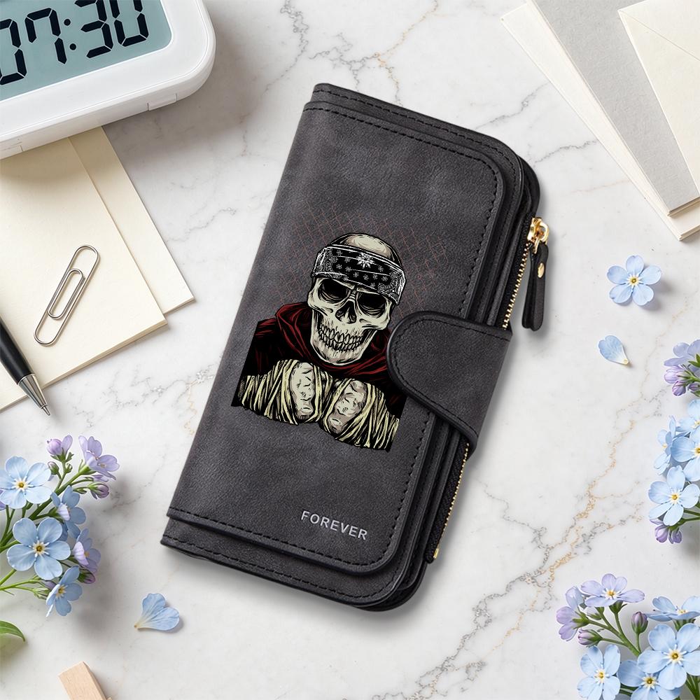 Gothic Skull Pattern Long Wallet for Men Women Daily Use PU Leather Card Holder Purse with Zipper Pocket