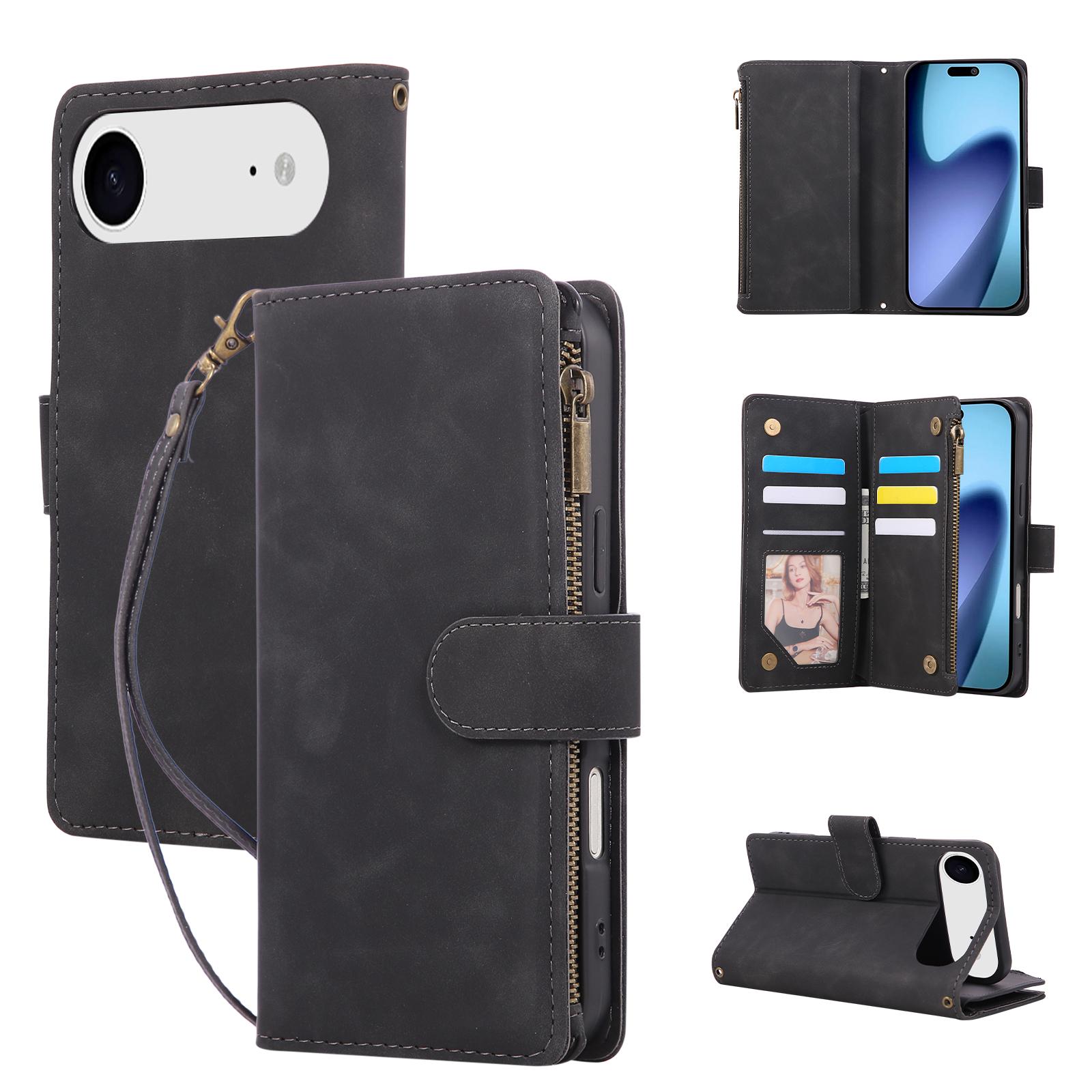 

For iPhone 17 Air Case Zipper Wallet Multiple Card Slots Leather Phone Cover with Wrist Strap Black