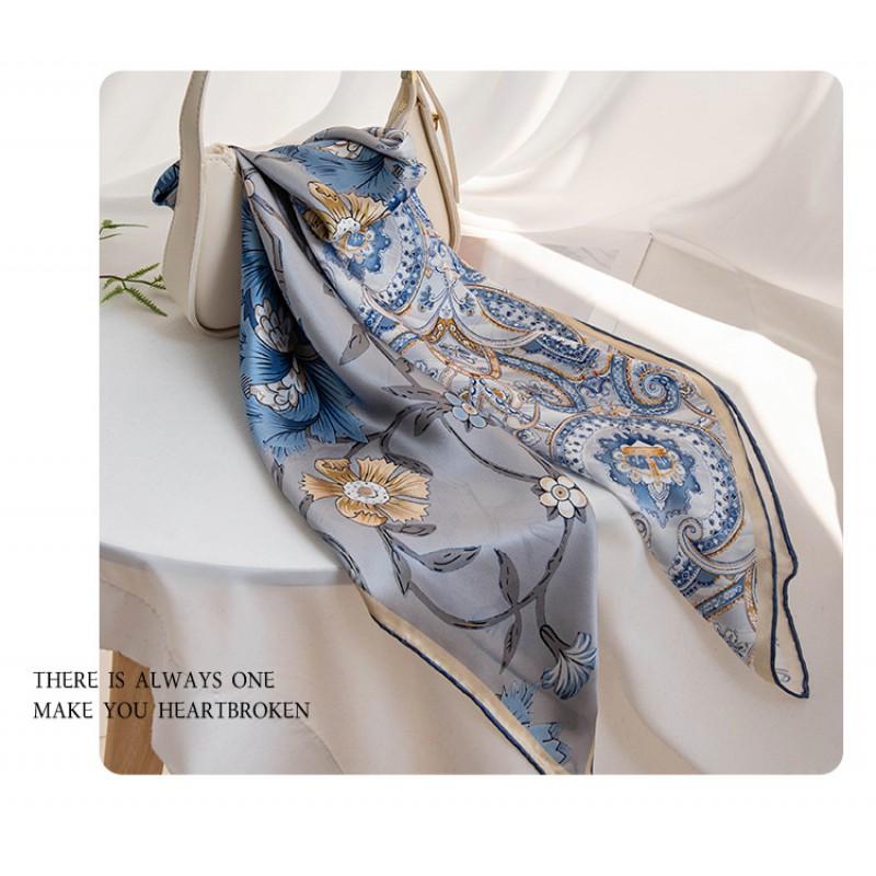 Fashion Mulberry Silk Square Scarf Women Floral Print Versatile Commute Office Daily Wear