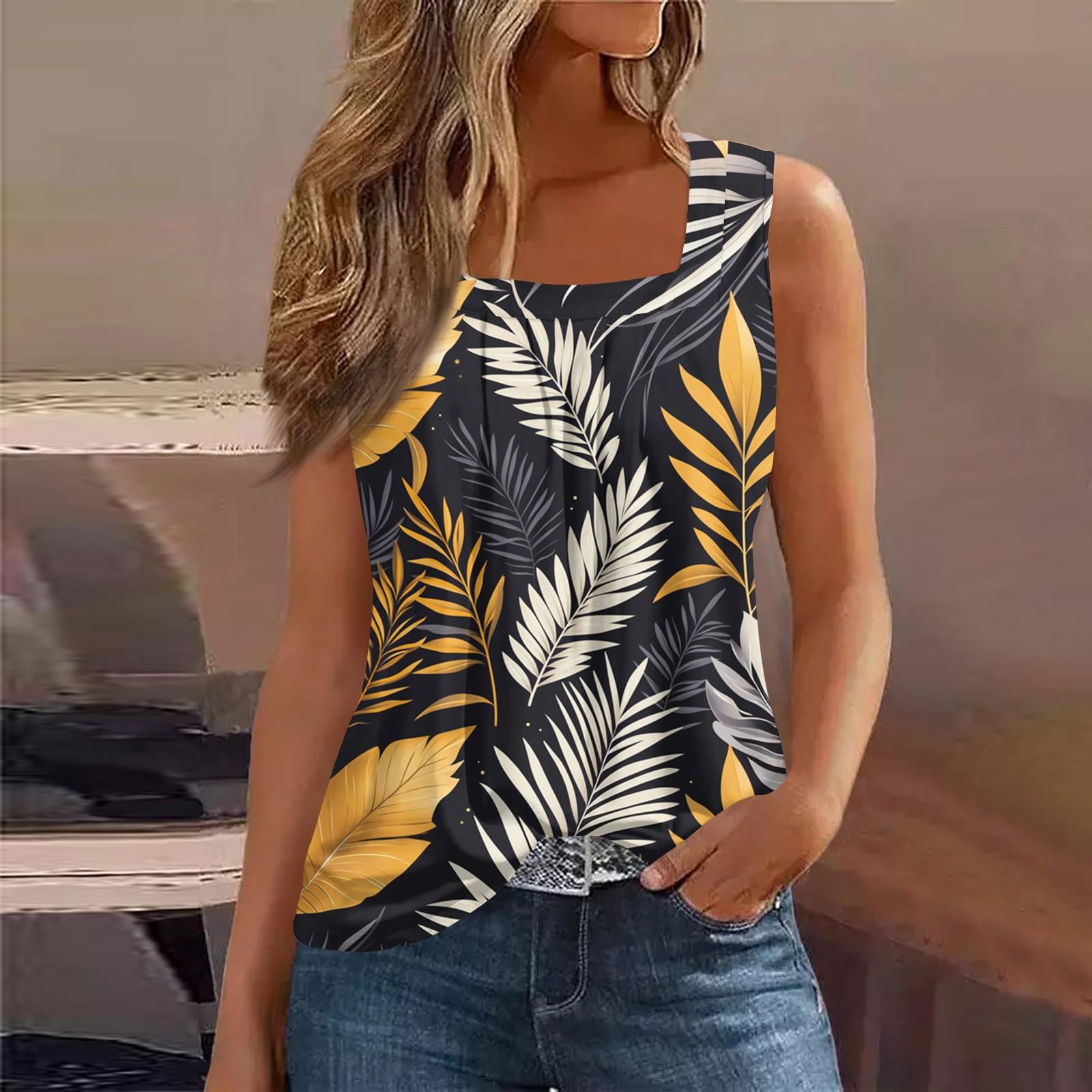 

Square Collar Tank Top Women Print Tank Tee Casual Loose Fit Sleeveless Shirt L чорний