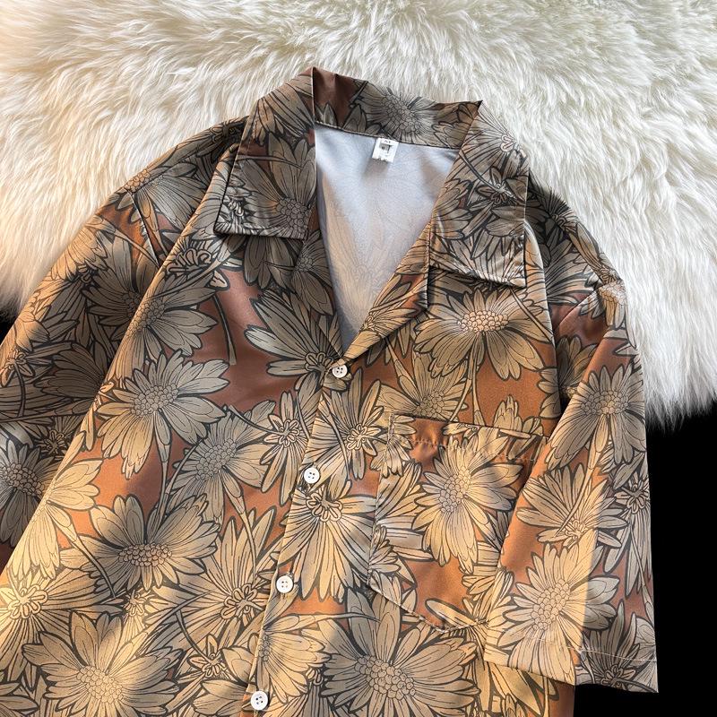 Unisex Vintage Kubakrage Blomsterskjorte - Løs passform, Hong Kong-stil, Kort erm, Perfekt for strand og par