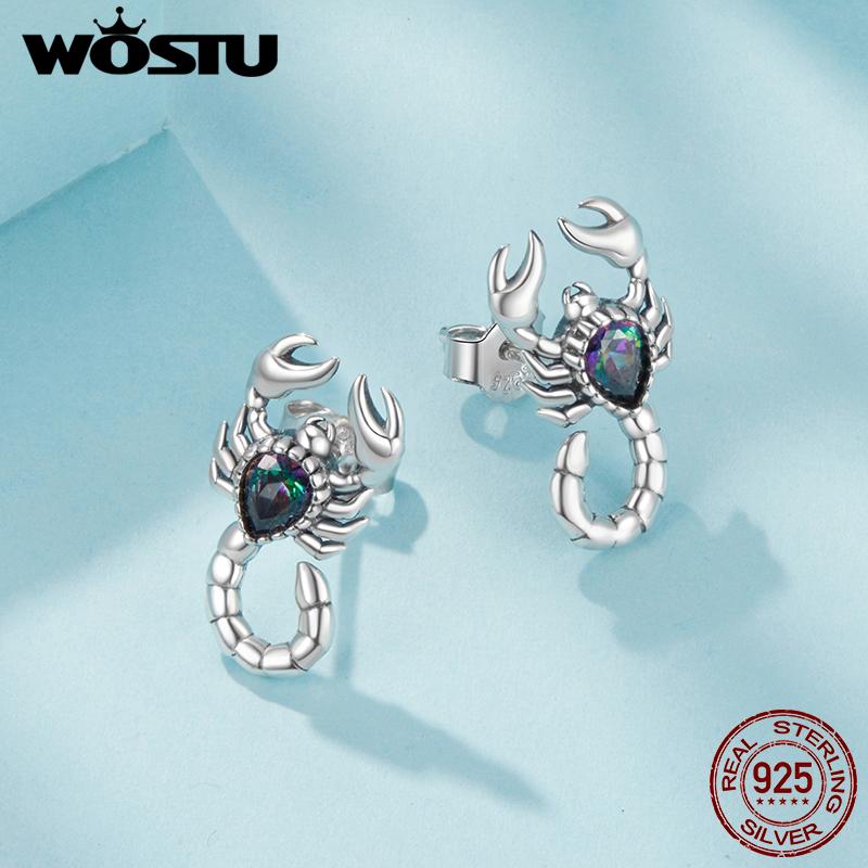 WOSTU 925 Sterling Silver Retro Scorpion Earrings Women Desert Animal Rainbow Mystic Crystal Punk Stud Earring Girl Hip Hop Gift