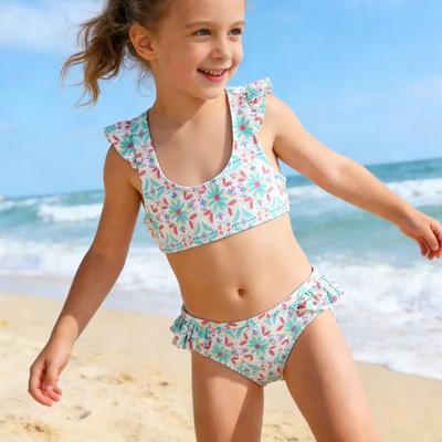 Girls Two Piece Swimsuit Set Ruffle Shoulder Straps Floral Print Bikini Top and Bottom Swimwear for Kids Summer Beach Pool