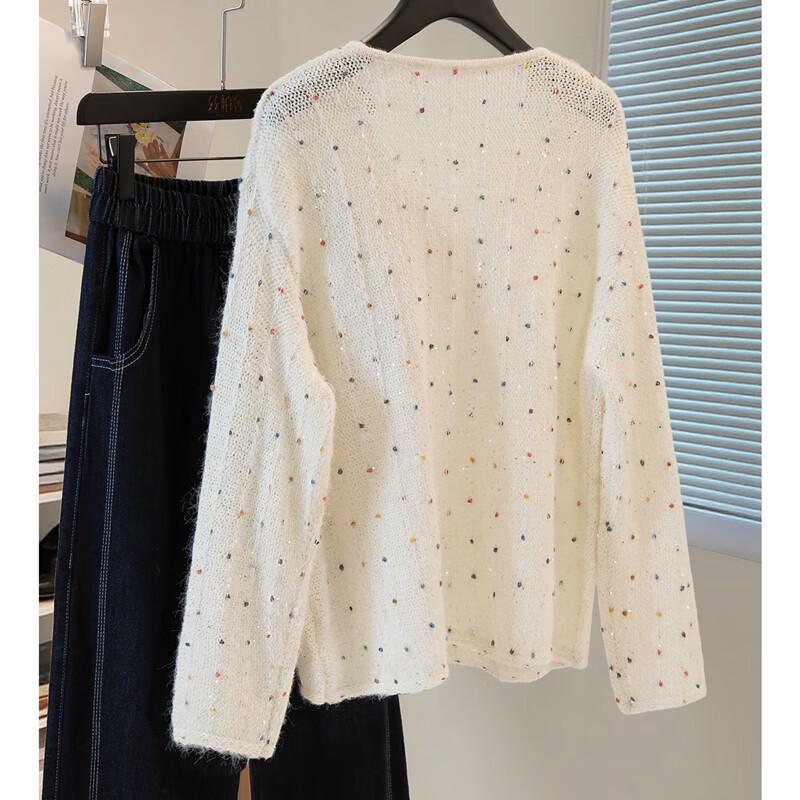 Women's V-Neck Wool Blend Color-Block Polka Dot Knit Top