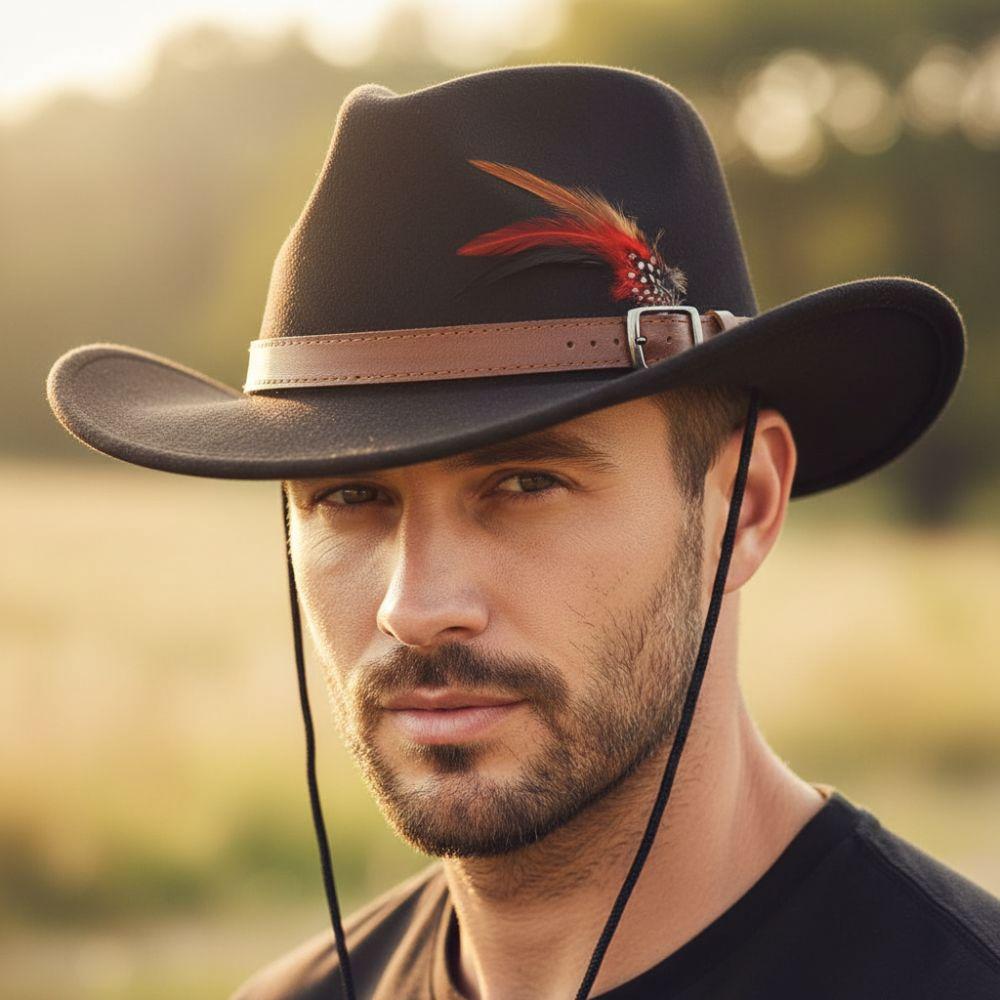 Mode mit Gürtelschnalle Filz Fedora Hüte Breiter Rand Feder Show Jazzhut Wollfilz Cowboyhut Herren Damen