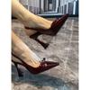 Burgundy Bow Buckle Rhinestone Sandals Women's Horseshoe Heel One-word Strap Sexy Celebrity High Heels