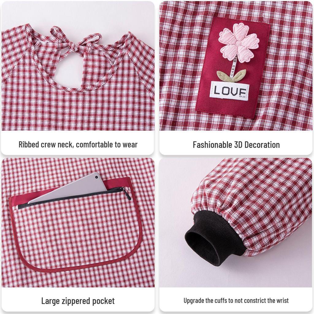 Stilvoller Damen-Baumwollschürze mit langen Ärmeln und Blumenmuster – Fleckenresistente Küchenarbeitskleidung