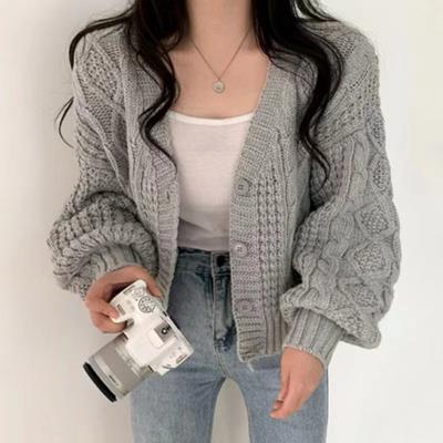 Solid Color V-neck Twist Knitted Sweater College Style Autumn and Winter Coat Soft Waxy Lazy Style Cardigan Casual