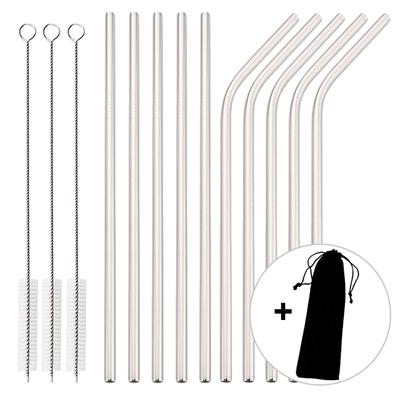 14Pcs Reusable Silver Straw Set 304 Stainless Steel Straw Straight Bent Drinking Straw With Cleaning Brush Home Bar Accessory