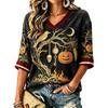 Women's Casual Halloween Print V-Neck T-Shirt Top for Daily Wear