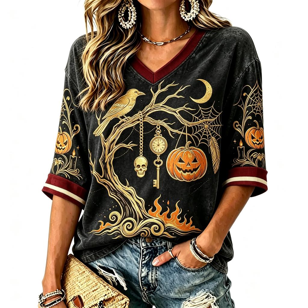 Women's Casual Halloween Print V-Neck T-Shirt Top for Daily Wear