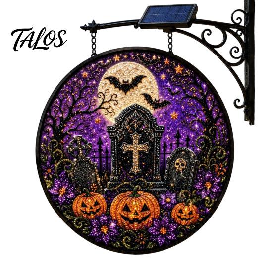 Creative Halloween Gift for Home Solar Powered Hanging Light, Skull Witch Black Cat Cemetery Zombie Design LED Light Ghost Pumpkin Lanterns