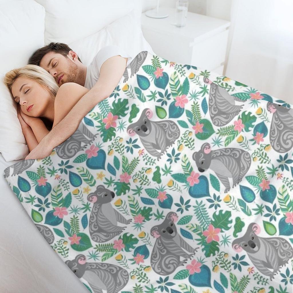 Cute gray koalas with ornaments, tropical flowers and leaves. Seamless tropical pattern. Throw Blanket Warm Blankets