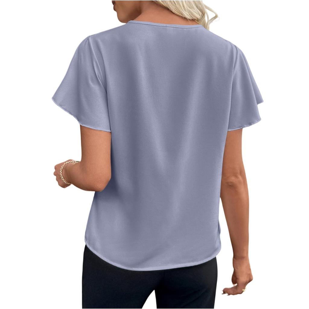 Fashionable Women's Ruffle Sleeves, Fashionable And Elegant V-neck Pleated Color Short Sleeved Shirt