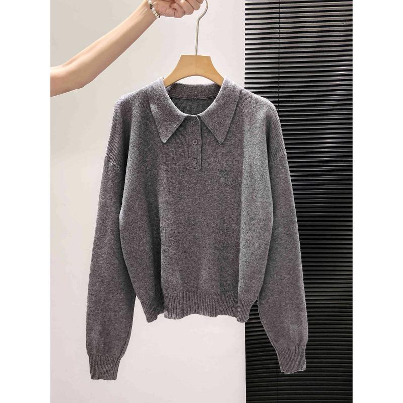 Temperament soft waxy button olo lapel knitted sweater women's autumn versatile lazy wind loose long-sleeved bottoming top