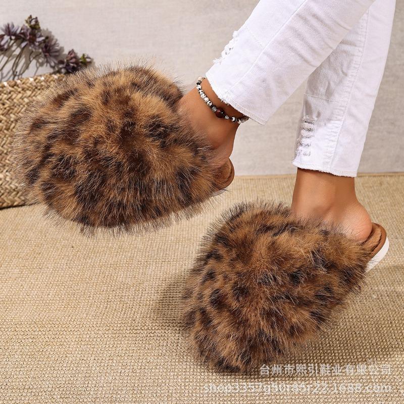 Autumn and winter imitation fox hair leopard print slippers women's warm fluffy plush cotton slippers