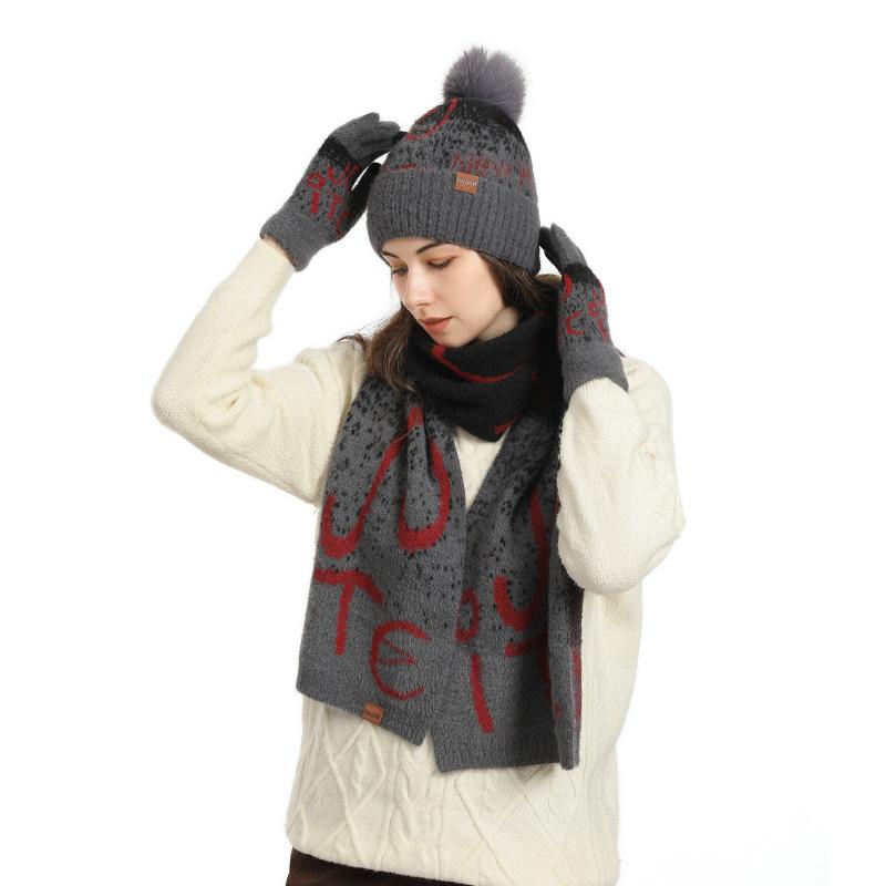 Winter Knitted Women's Jacquard Thickened Imitation Mink Scarf, Hat and Gloves Three-piece Set
