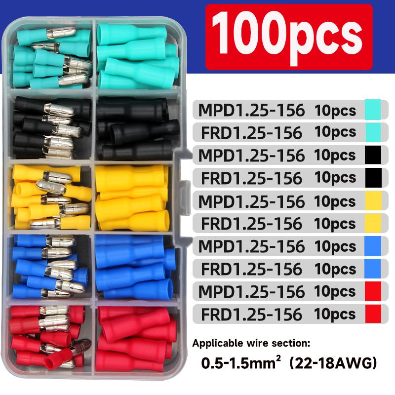 100pcs Insulated Electric Connector Set Crimp Bullet Terminals 1.25-156 Male & Female for 0.5-1.5mm² / 22-18 AWGAudio Wiring