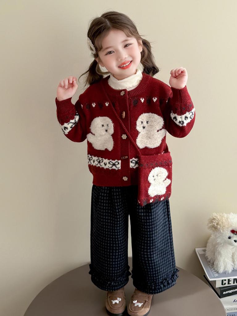2025 Embroidered Puppy Knit Cardigan for Girls - Trendy Spring/Autumn Sweater